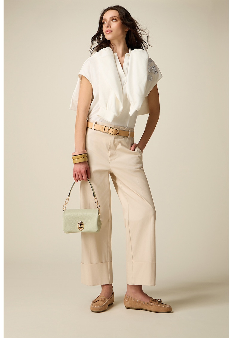 Pantaloni crop cu talie inalta si terminatii pliabile - Alb fildes