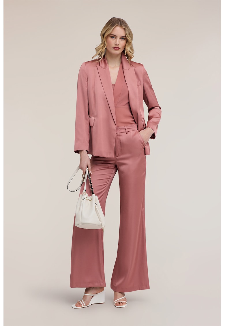 Pantaloni evazati cu aspect de satin si talie inalta - Roz prafuit