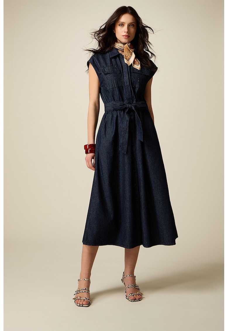Rochie-camasa din denim cu strasuri - fara maneci - Bleumarin