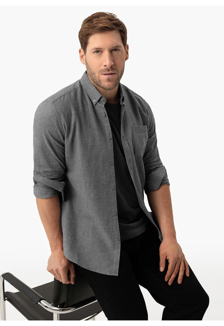 Camasa barbati din bumbac - maneci lungi - slim fit - buzunar pe piept - guler fixat cu nasturi - K-Belanos - gri melange - Gri melange
