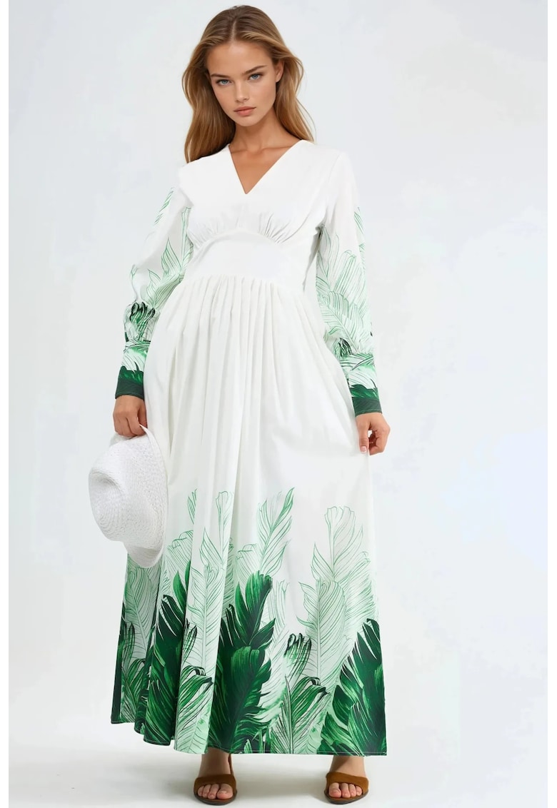 Rochie maxi imprimeu floral tropical - alb