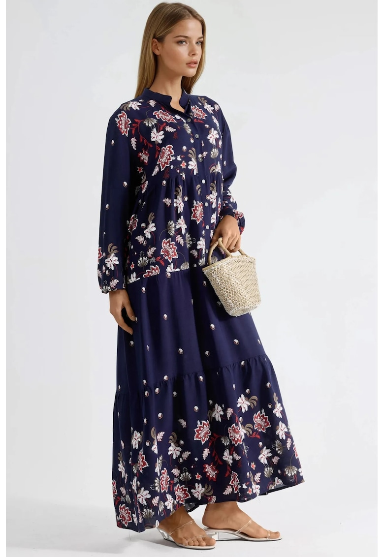 Rochie Maxi - Decolteu in V - Albastru - Print digital