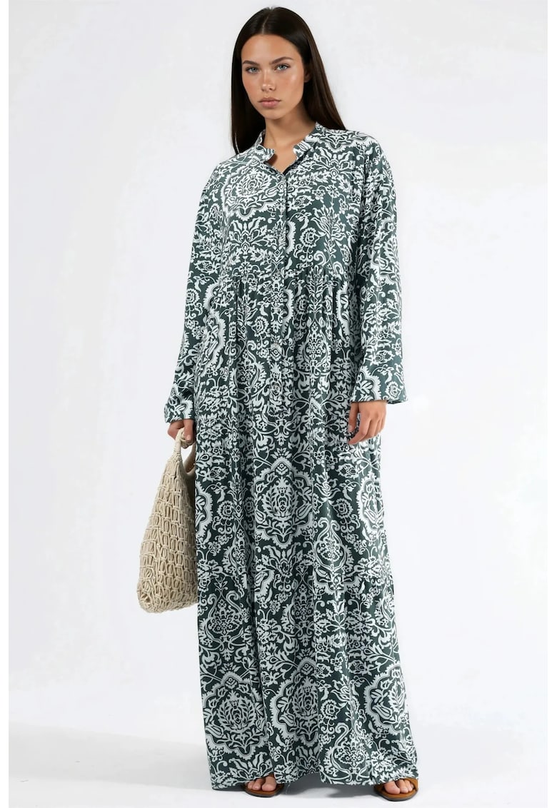 Rochie Maxi - cu decolteu in V - maneci lungi - verde - textil