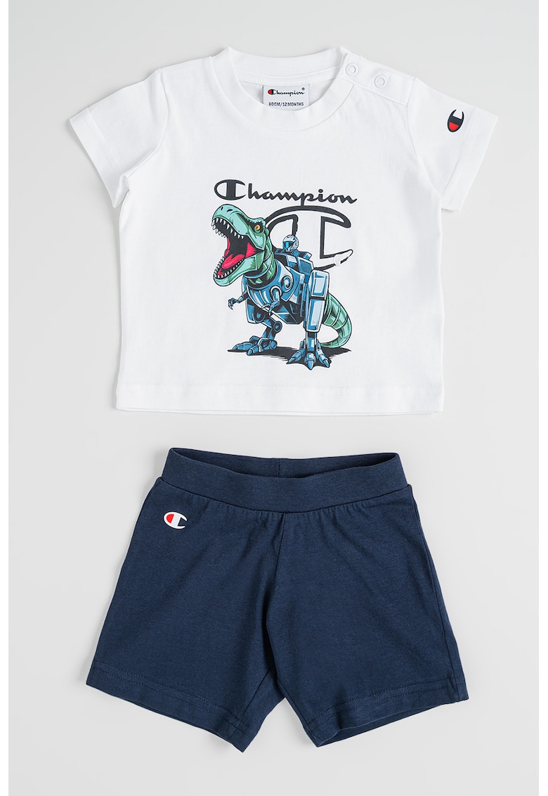 Set de tricou si pantaloni scurti cu logo - Alb/Bleumarin