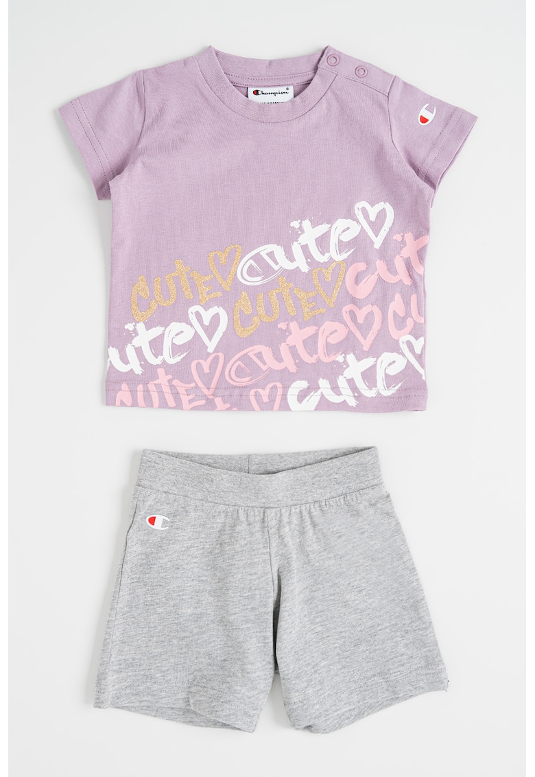 Set de tricou si pantaloni scurti - Gri melange/Lila
