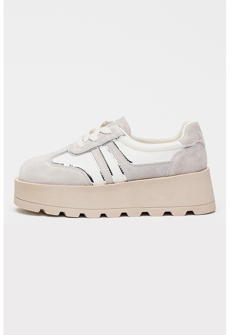 Pantofi sport flatform din piele nabuc cu garnituri de material textil - Alb/Gri deschis