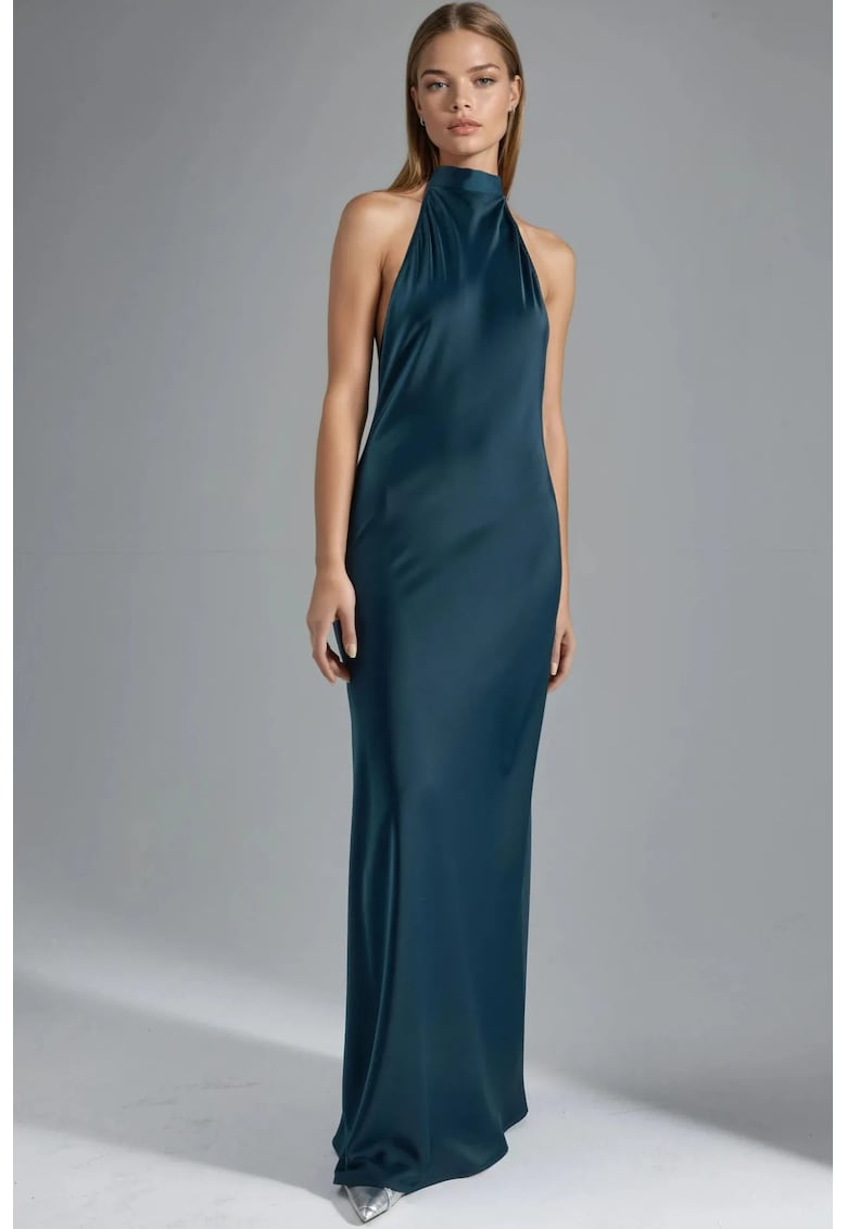 Rochie Maxi - Satin - Guler Halter - Verde