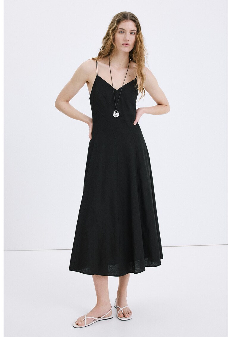 Rochie midi din amestec de in - Negru
