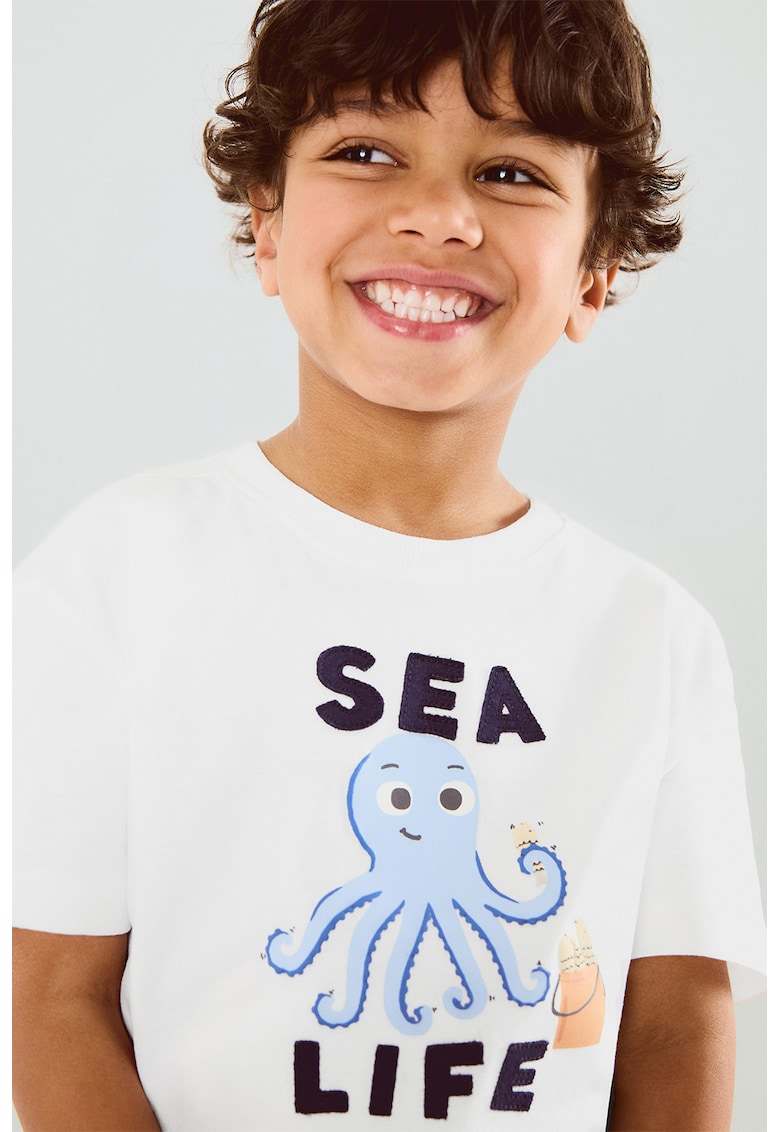 Tricou de bumbac cu imprimeu - Alb/Bleumarin