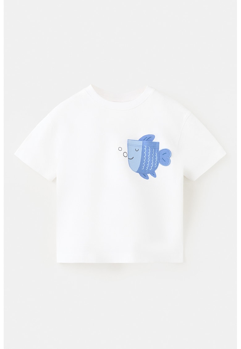Tricou de bumbac cu buzunar pe piept cu imprimeu - Alb/Albastru