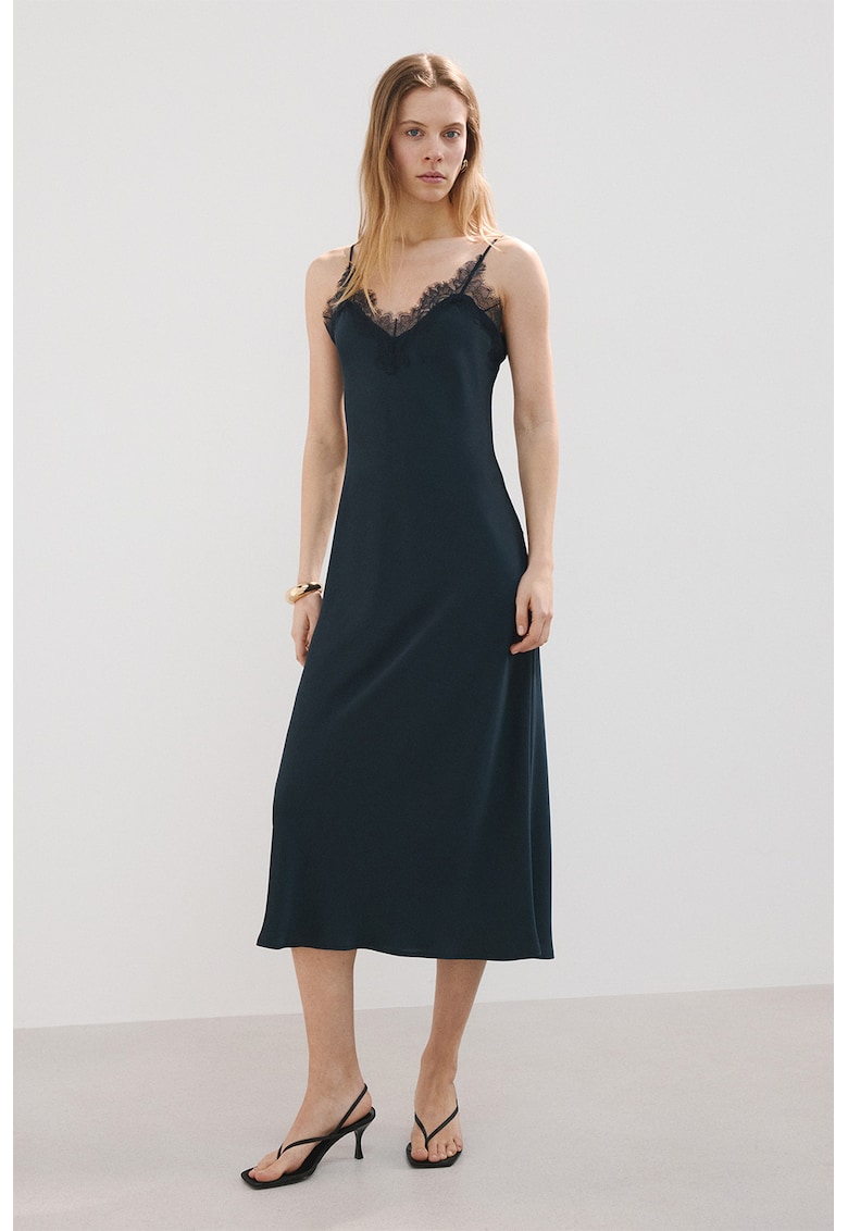 Rochie-furou de satin cu dantela - Bleumarin