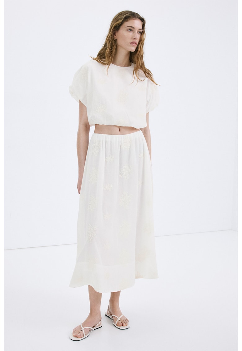 Bluza crop cu broderie - Alb murdar