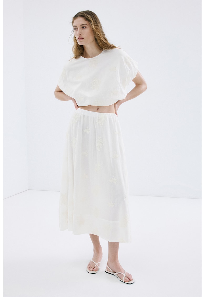 Fusta midi de bumbac cu broderie - Alb