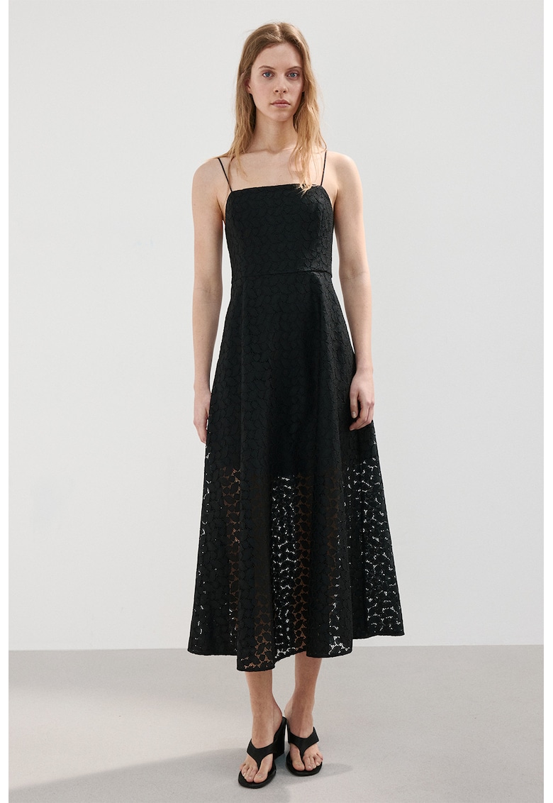 Rochie midi cu bretele inguste - Negru