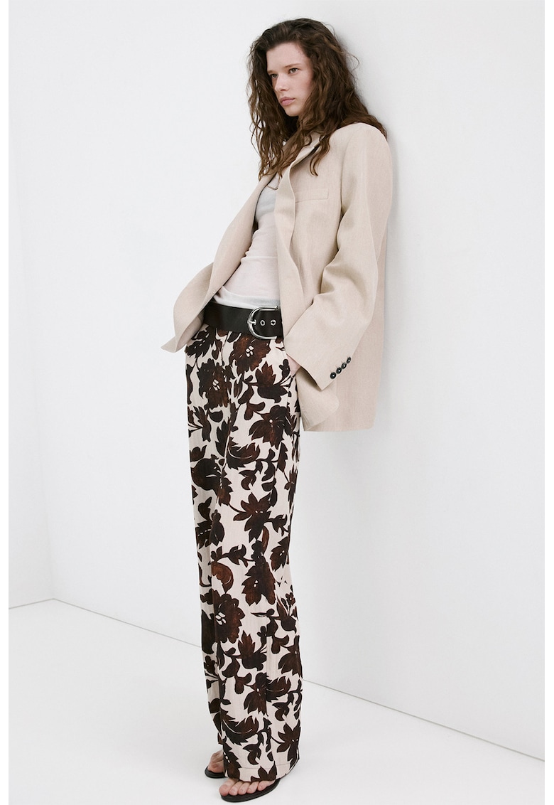 Pantaloni cu croiala dreapta si model floral - Maro inchis/Bej deschis