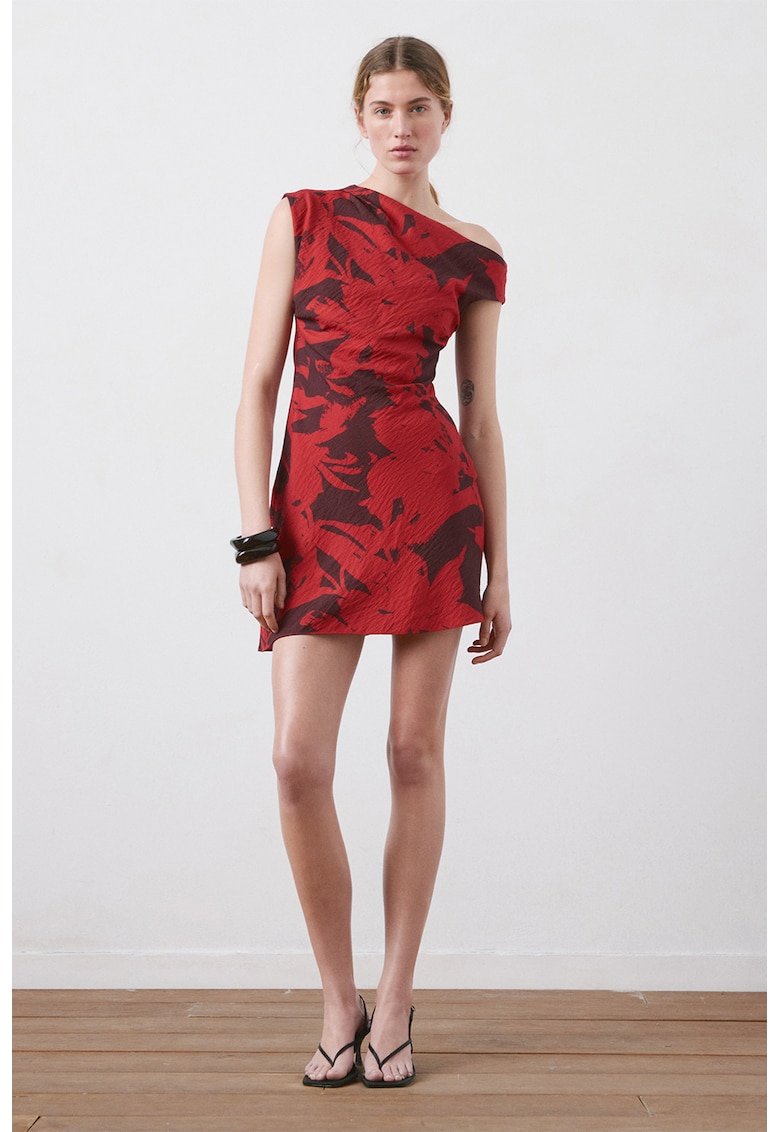 Rochie cu decolteu pe un umar si model - Rosu/Maro