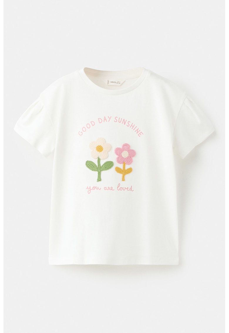 Tricou de bumbac cu aplicatii florale - Alb/Roz