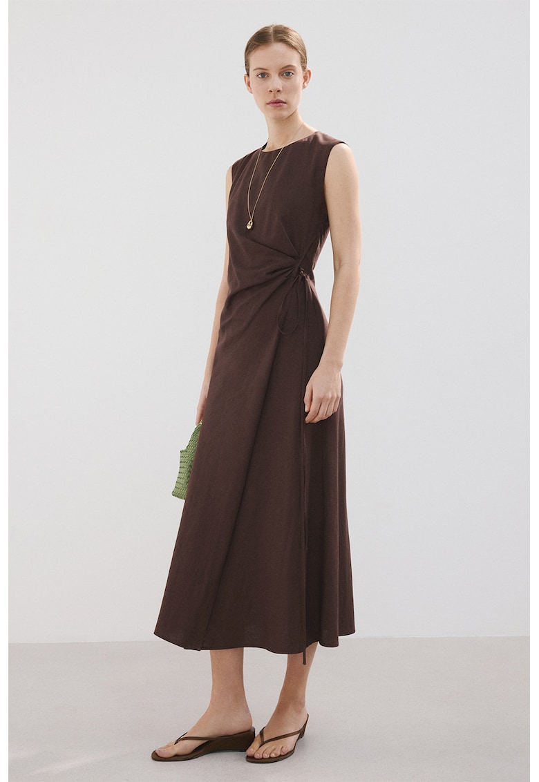 Rochie midi din amestec de in - Maro