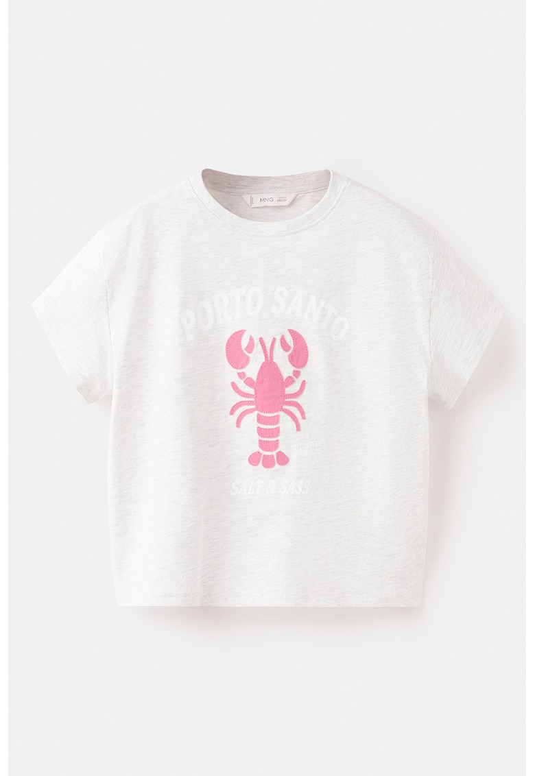 Tricou cu decolteu la baza gatului si imprimeu text - Fucsia/Gri deschis melange