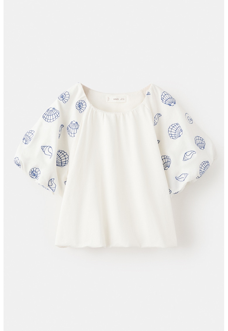 Bluza de bumbac cu maneci cu broderii - Alb murdar/Albastru