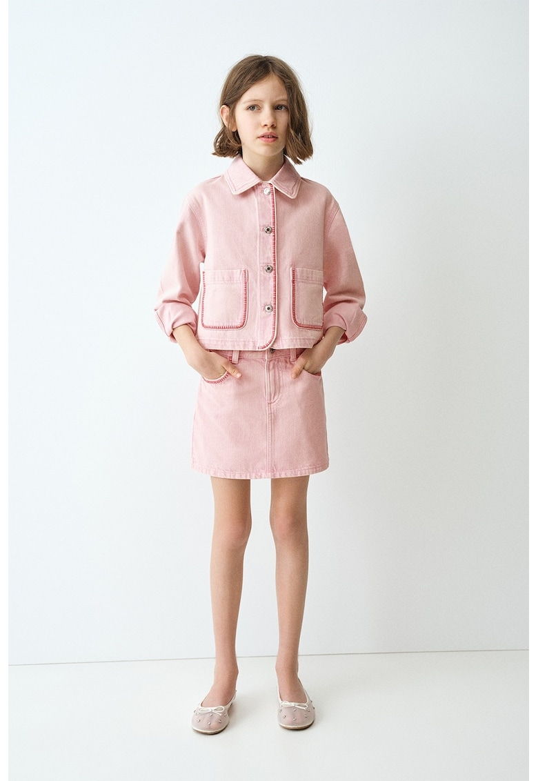 Jacheta de denim cu detalii brodate - Roz pastel