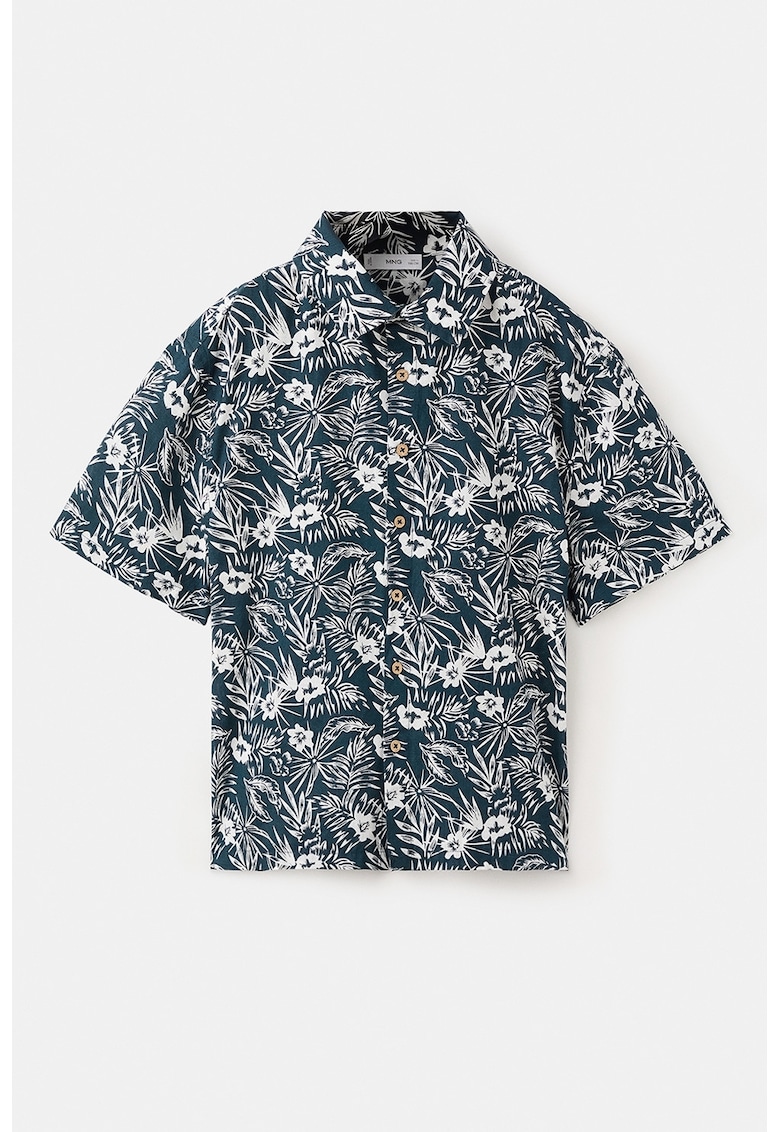 Camasa din bumbac cu model floral - Alb/Bleumarin