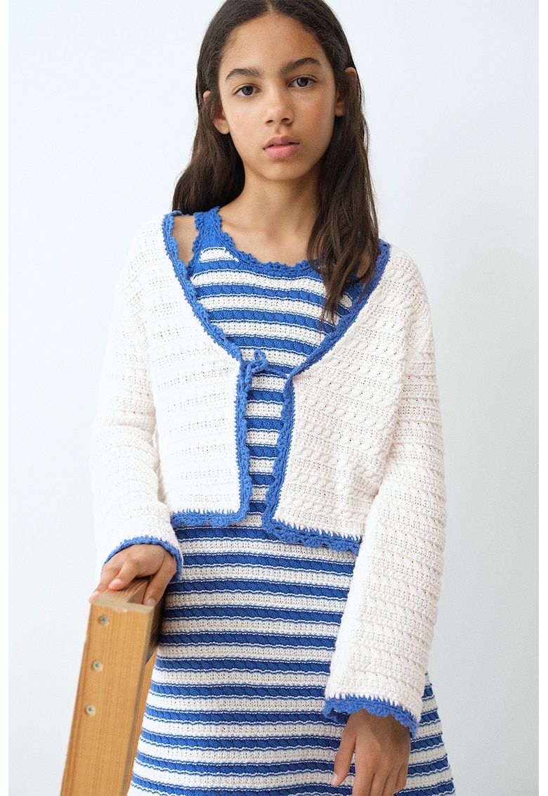 Cardigan crosetat cu snururi in talie - Albastru/Crem
