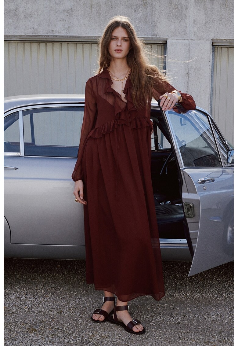 Rochie midi vaporoasa cu volane - Maro scortisoara