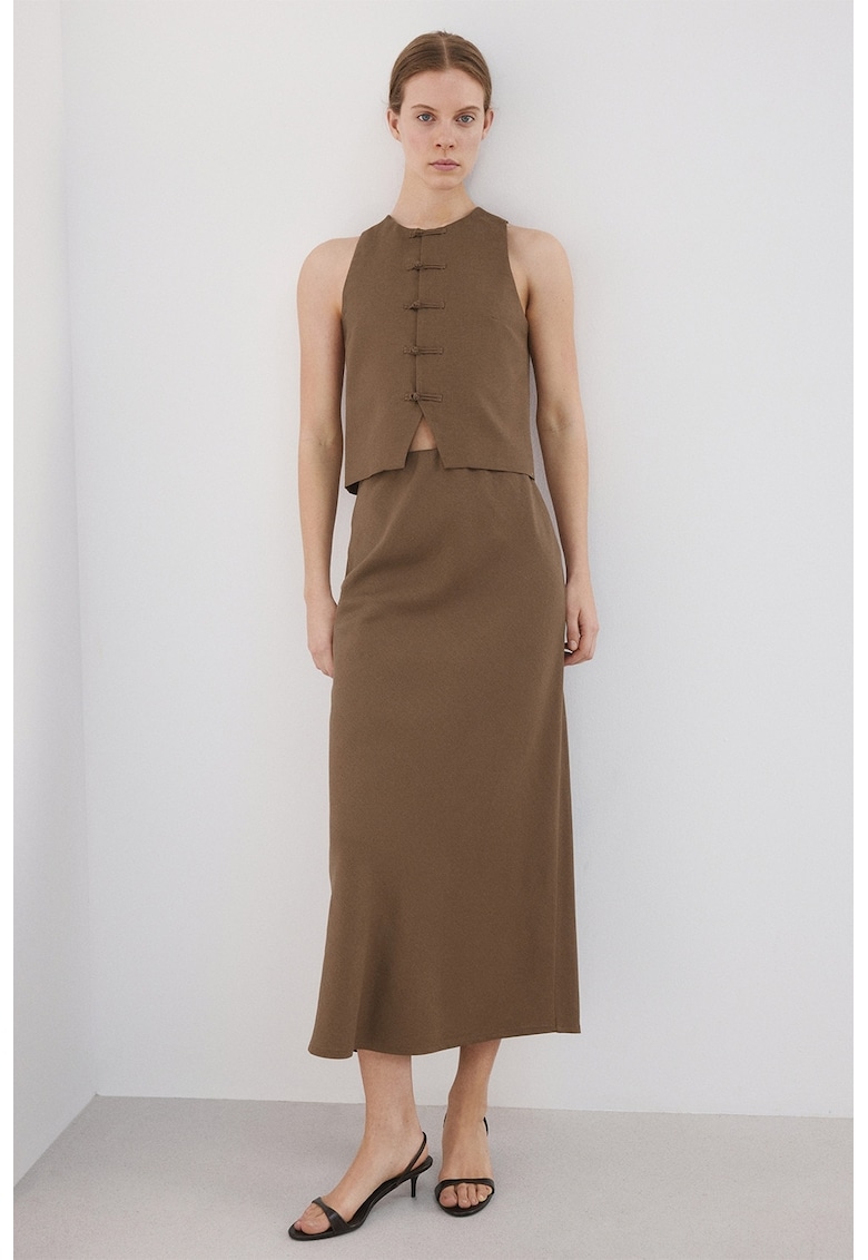 Fusta midi din amestec de in - Maro taupe