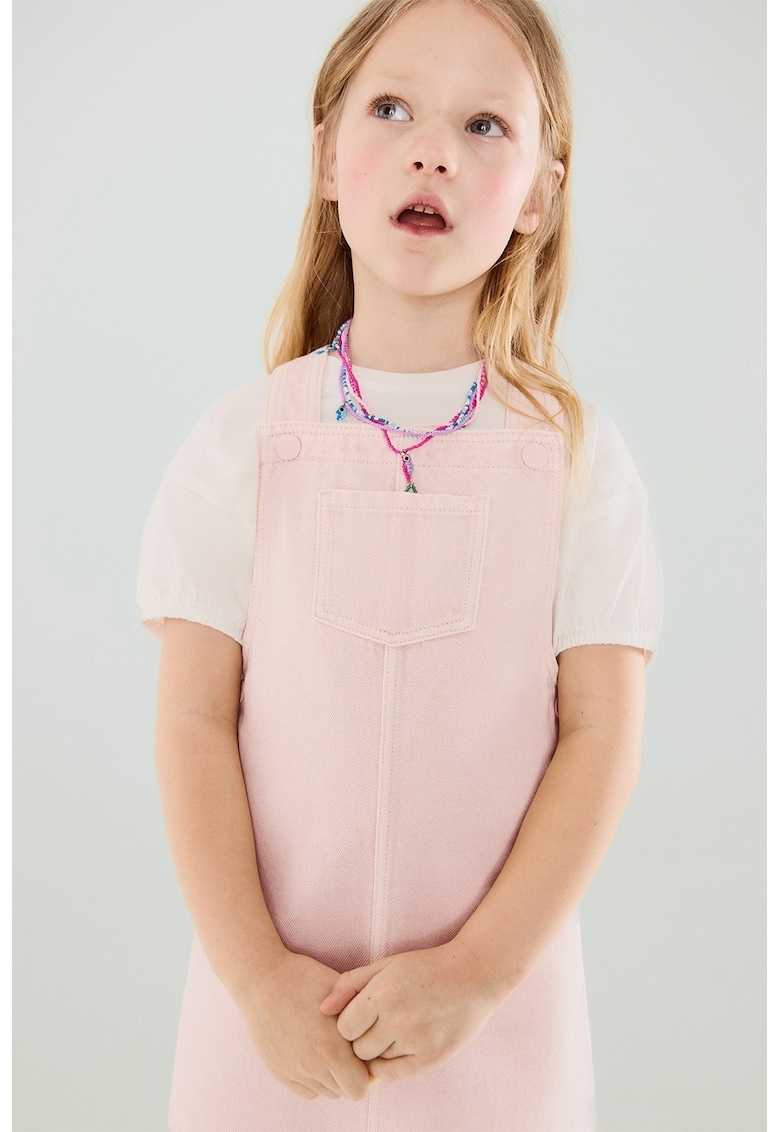 Sarafan din denim cu buzunar frontal - Roz pastel