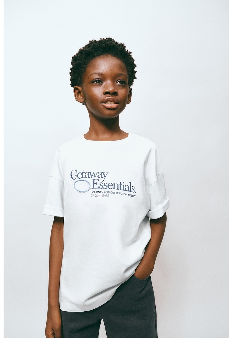 Tricou de bumbac cu imprimeu text - Albastru pastel