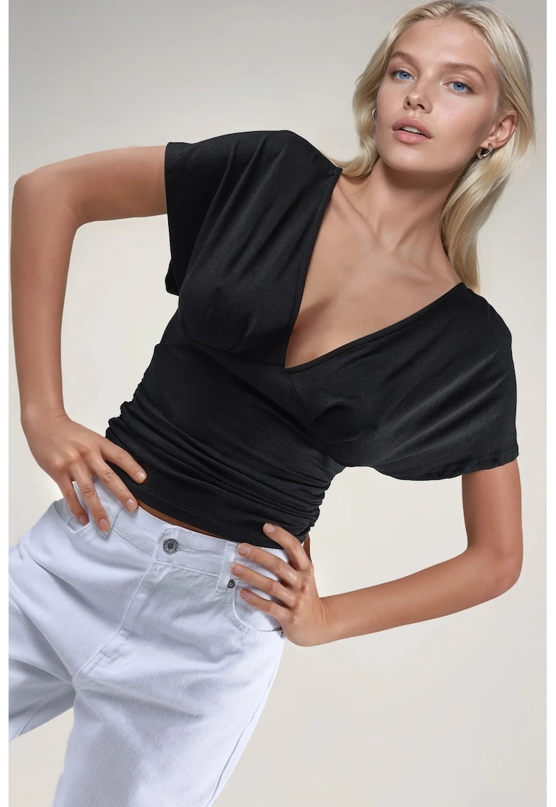 Tricou dama - decolteu in V - negru - slim fit