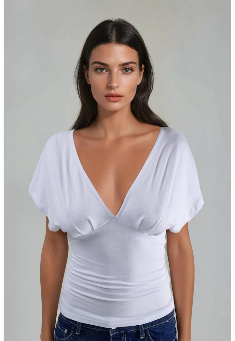 Tricou dama decolteu in V - alb - slim fit
