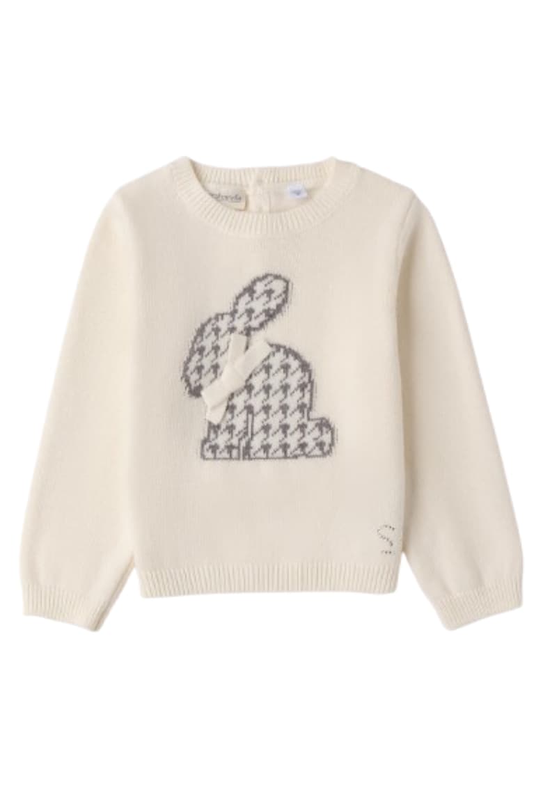 Pulover fete din tricot - cu iepuras houndstooth si fundita - Alb crem