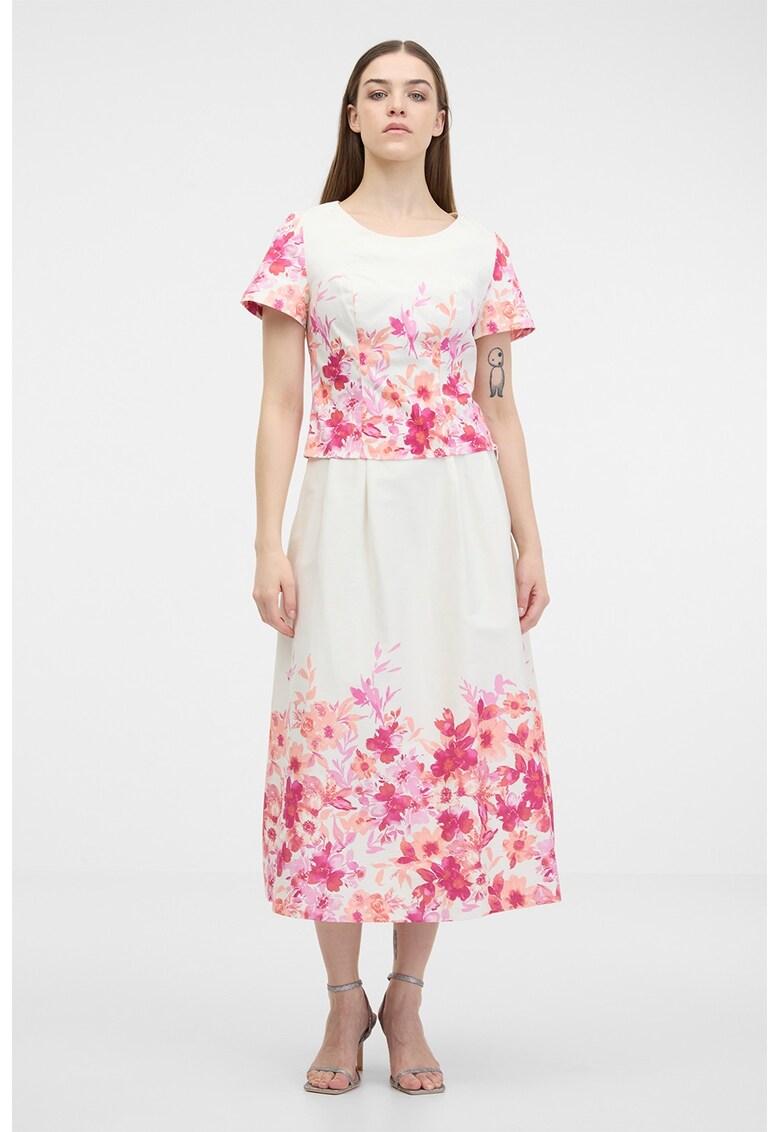 Fusta evazata cu model floral - Alb murdar/Roz