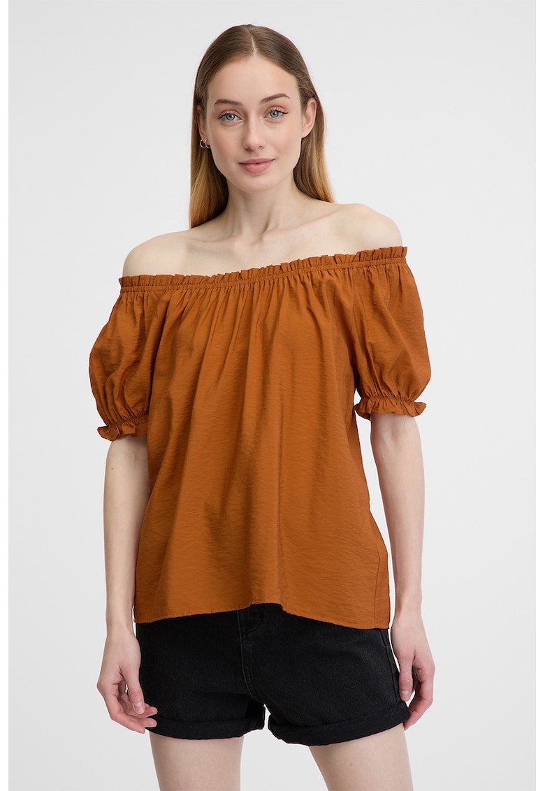 Bluza cu decolteu pe umeri si maneci bufante - Maro scortisoara