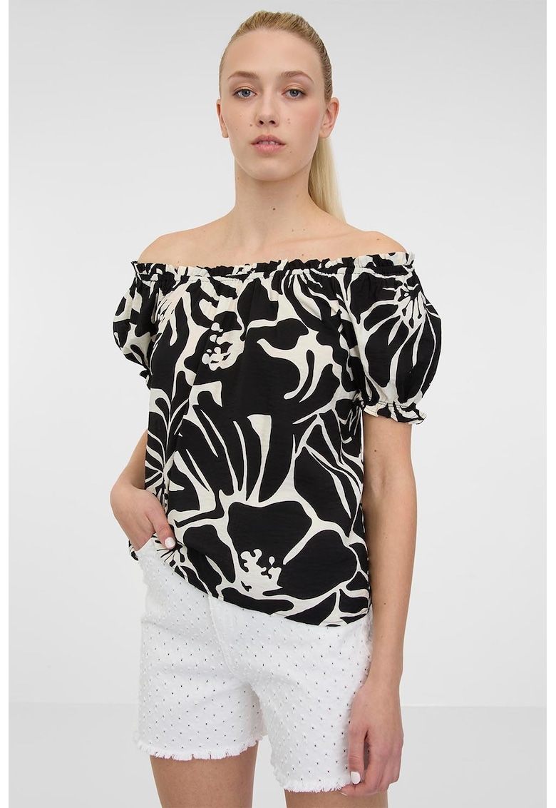 Bluza cu model floral si maneci bufante - Negru/Alb murdar