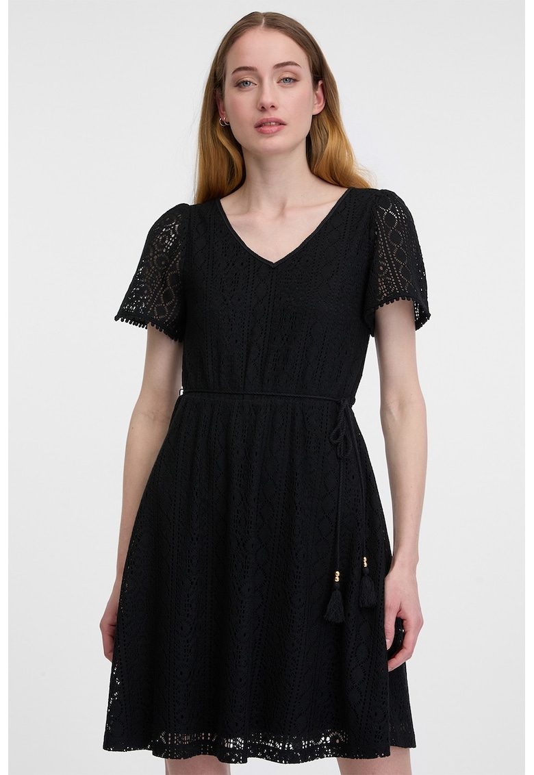 Rochie cu decolteu in V si model pointelle - Negru