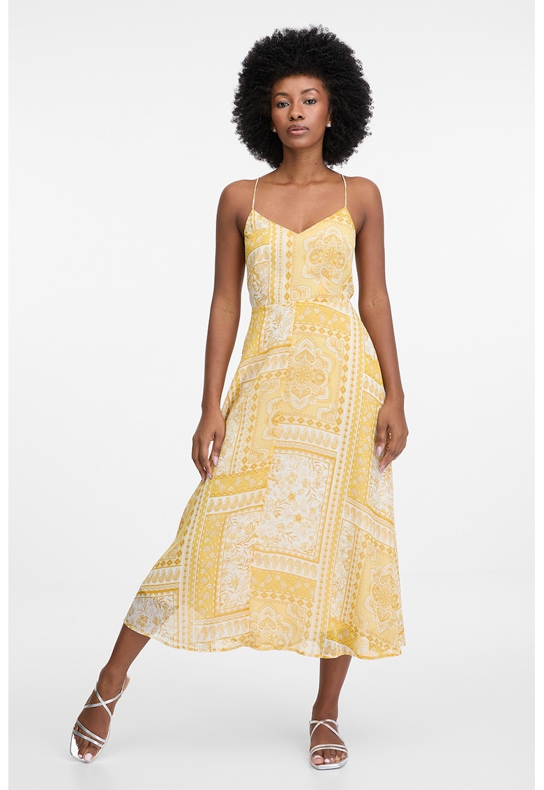 Rochie evazata cu bretele incrucisate - Alb/Galben