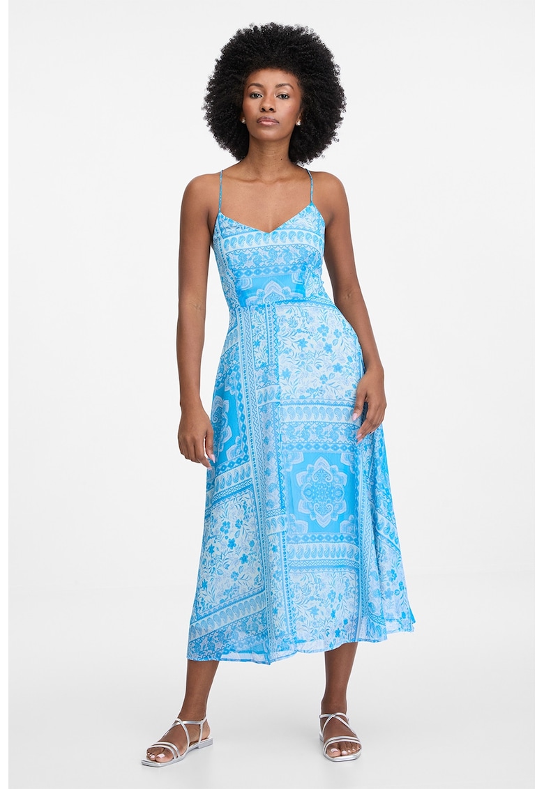 Rochie evazata cu bretele incrucisate - Alb/Albastru