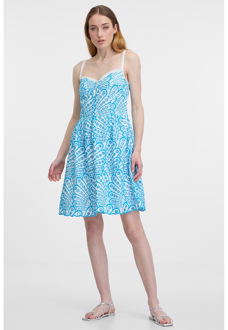 Rochie de bumbac cu broderie Sangallo - Alb/Albastru