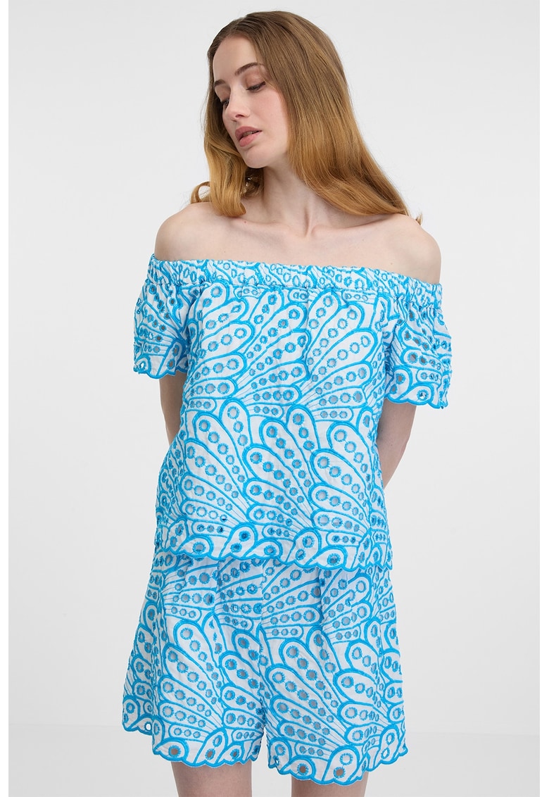 Bluza cu decolteu pe umeri si broderie Sangallo - Alb/Albastru