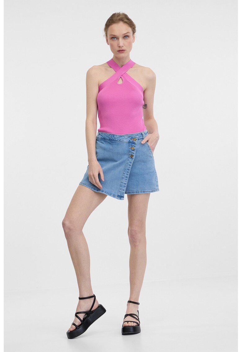 Fusta-pantalon de denim cu talie inalta - Albastru prafuit