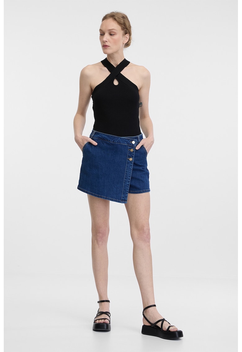 Fusta-pantalon de denim cu talie inalta - Bleumarin