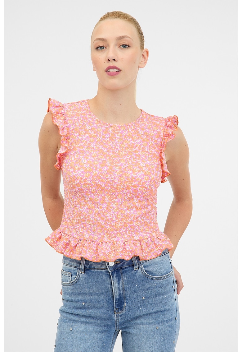 Top cu volane - Alb/Roz
