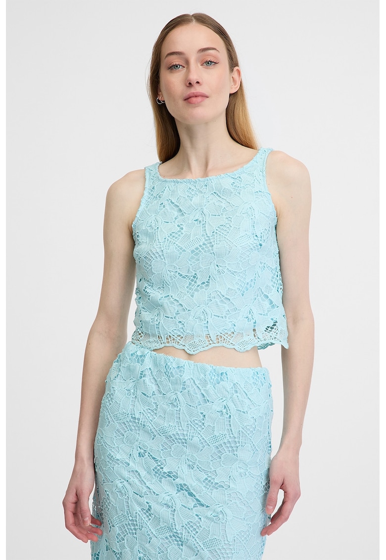 Top crop de dantela cu decolteu in V pe spate - Albastru aquamarin