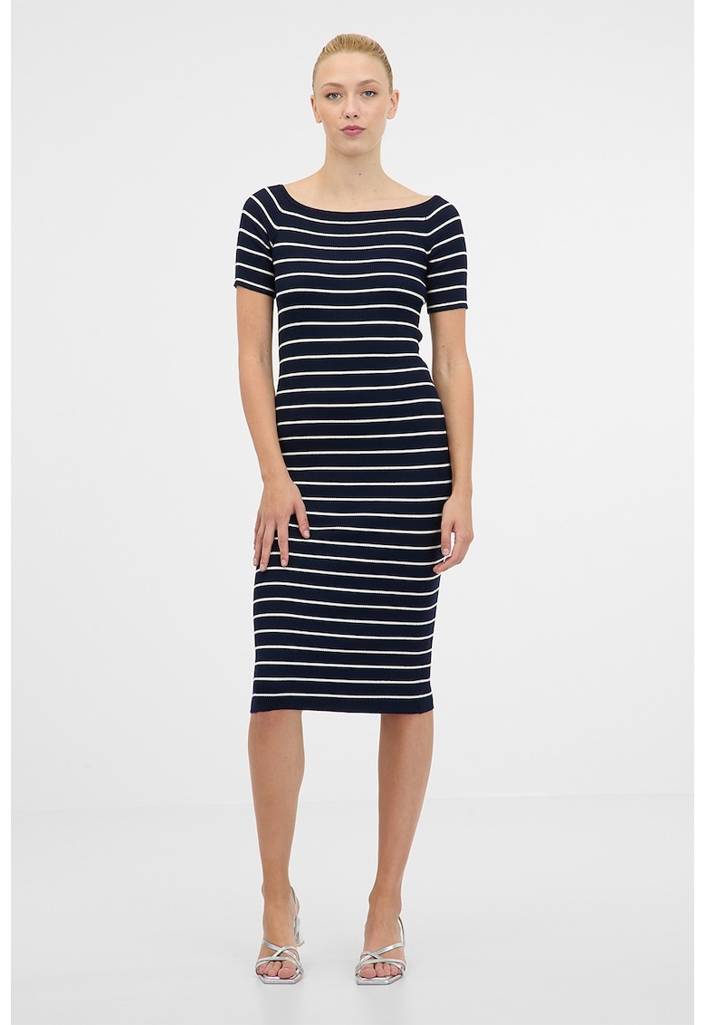 Rochie cambrata in dungi - Alb optic/Bleumarin