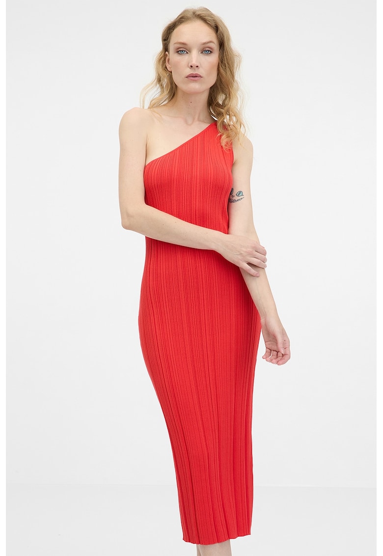 Rochie midi texturata cu decolteu pe un umar - Rosu vermillion