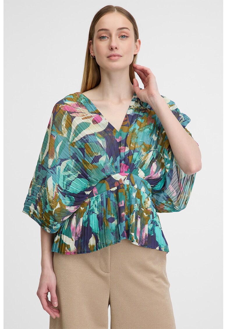 Bluza cu imprimeu si decolteu in V - Multicolor