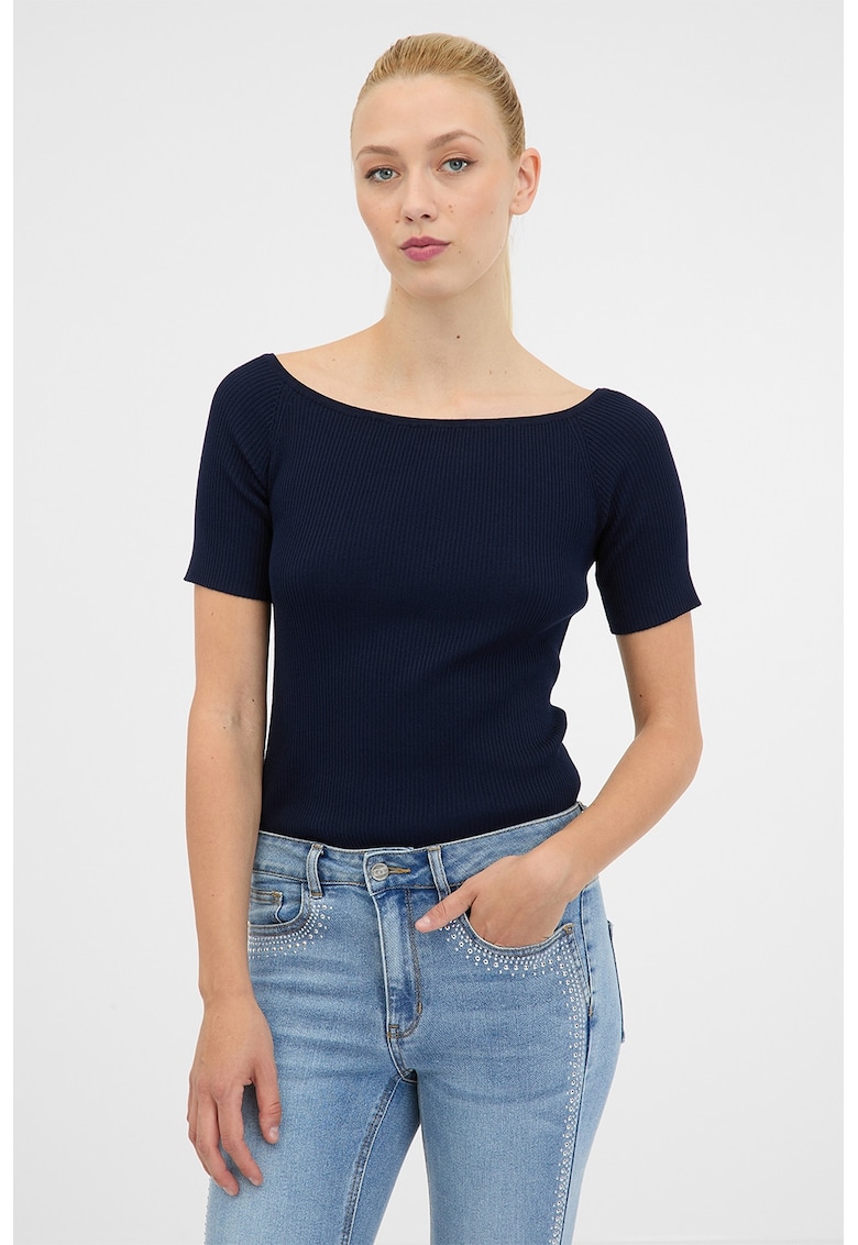 Pulover cu decolteu rotund si maneci scurte - Bleumarin